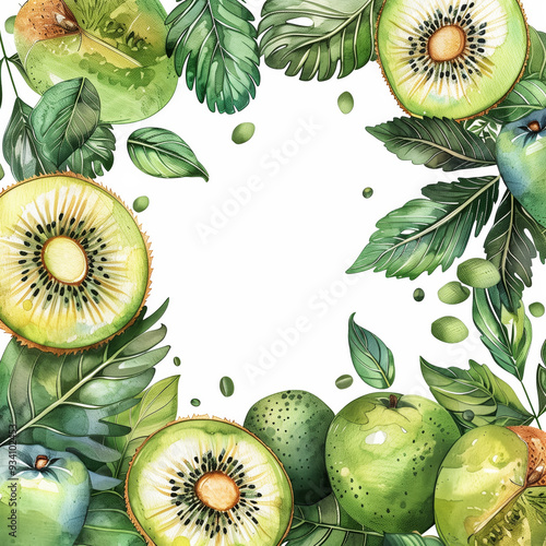 Green Kiwi and lime frame Tropical fruit watercolor illustration isolated on white background
 photo