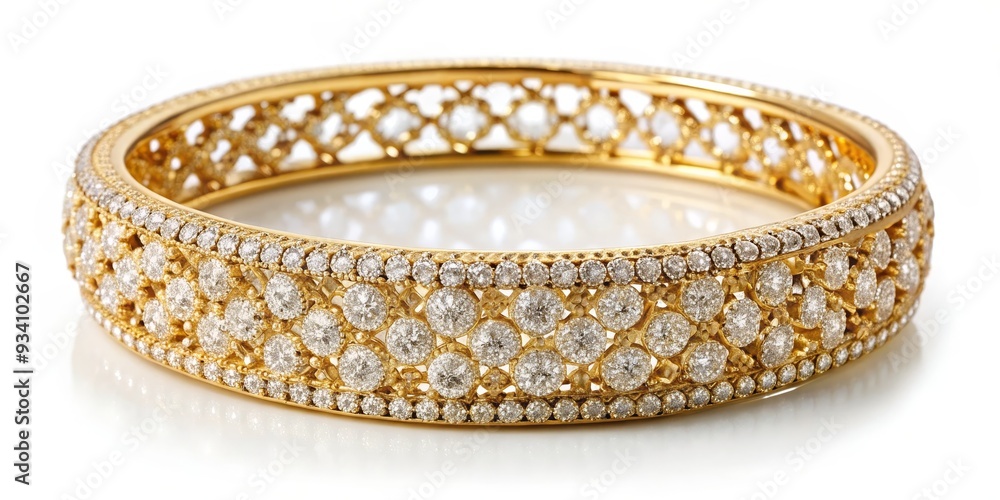 Diamond-Encrusted Gold Bracelet, a Symphony of Sparkle, Close-Up Perspective, White Background, Jewelry, Luxury, Bling Diamond-Encrusted Gold Bracelet, a Symphony of Sparkle, Close-Up Perspective, White Background, Jewelry, Luxury, Bling
