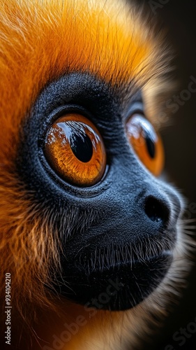 Intimate close-up of a gibbon's eye, front on angle, highlighting its expressive and agile features