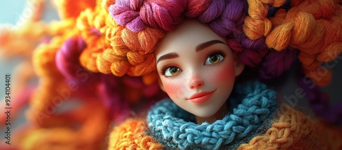 Wallpaper Mural 3D Cartoon Woman in Knitted Fabric Yarn Outfit Handmade Style Unique Attire Torontodigital.ca