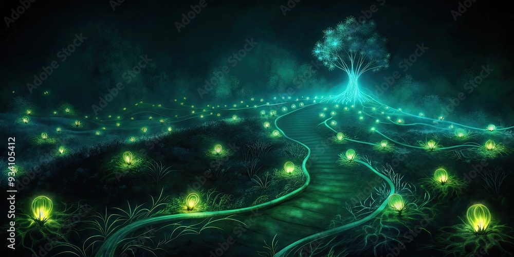 A glowing path weaves through a mysterious and enchanting forest. A glowing path weaves through a mysterious and enchanting forest.
