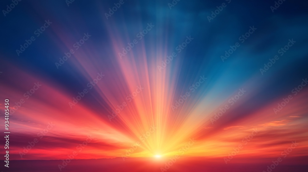 Brilliant rays of the setting sun illuminating a dramatic sky with gradient colors from deep blue to fiery orange, Brilliant rays of the setting sun illuminating a dramatic sky with gradient colors from deep blue to fiery orange,