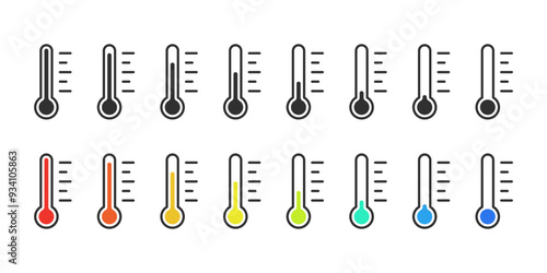 Measuring tool thermometer illustration in 2 variations per 8 possible positions. Vector icons in flat style