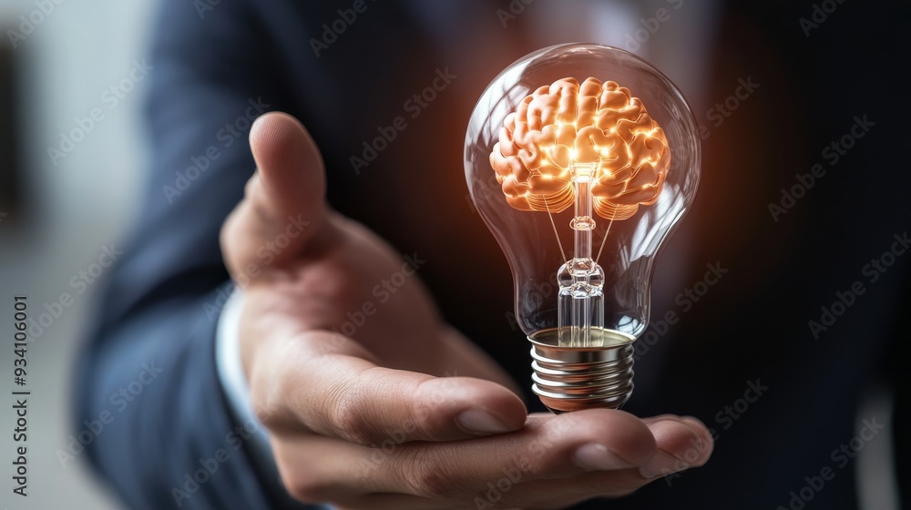 Businessman presenting a hybrid light bulb and brain, symbolizing advanced thinking and innovative ideas, against a modern and inspiring backdrop. Businessman presenting a hybrid light bulb and brain, symbolizing advanced thinking and innovative ideas, against a modern and inspiring backdrop.