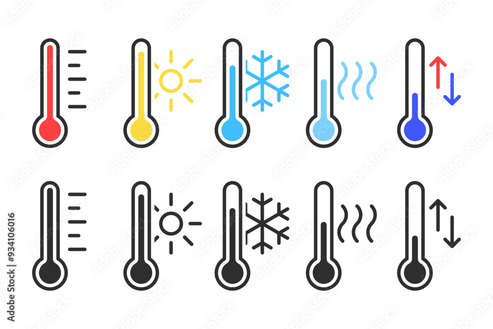 Measuring temperature thermometer in 2 variations with sun and snowflake signs. Vector icons in flat style Measuring temperature thermometer in 2 variations with sun and snowflake signs. Vector icons in flat style
