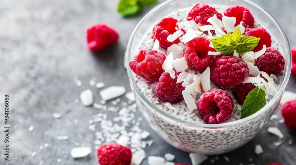 Chia seed pudding with coconut flakes and raspberries Chia seed pudding with coconut flakes and raspberries