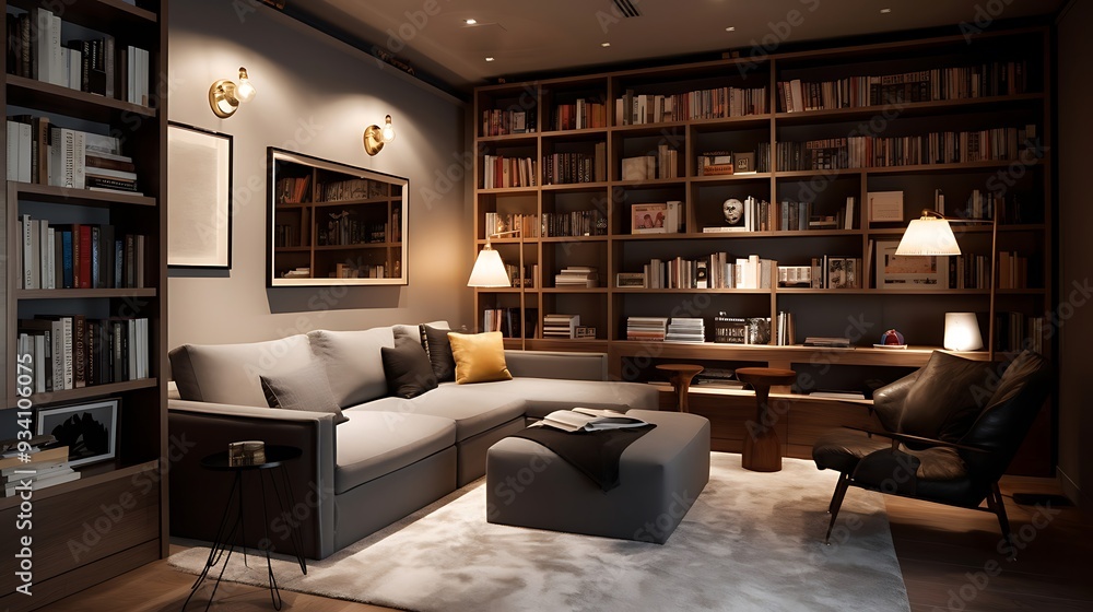 A modern and cozy reading corner with comfortable seating and lighting
A modern and cozy reading corner with comfortable seating and lighting