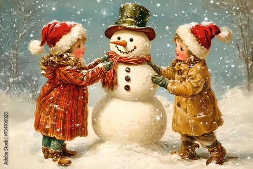 Vintage card with two children building snowman in snowy landscape. Winter holiday scene. Retro postcard design. Christmas celebration concept. 