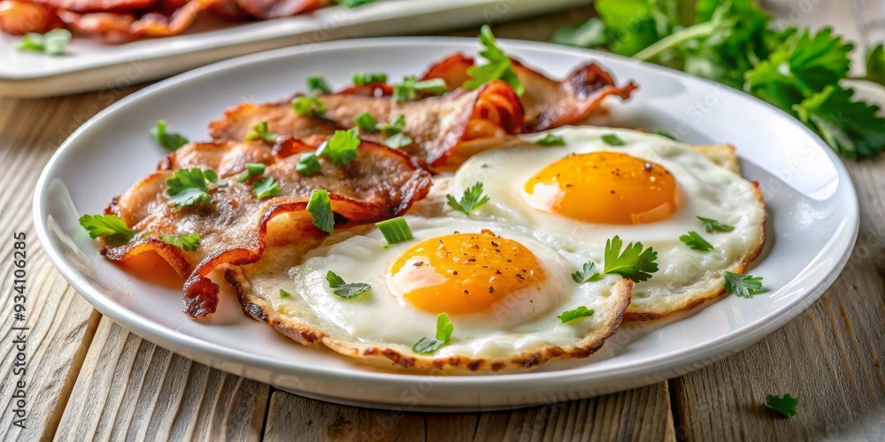 Close-up of Two Sunny-Side-Up Eggs with Crispy Bacon and Parsley on a White Plate, breakfast, food photography, fried eggs, bacon Close-up of Two Sunny-Side-Up Eggs with Crispy Bacon and Parsley on a White Plate, breakfast, food photography, fried eggs, bacon