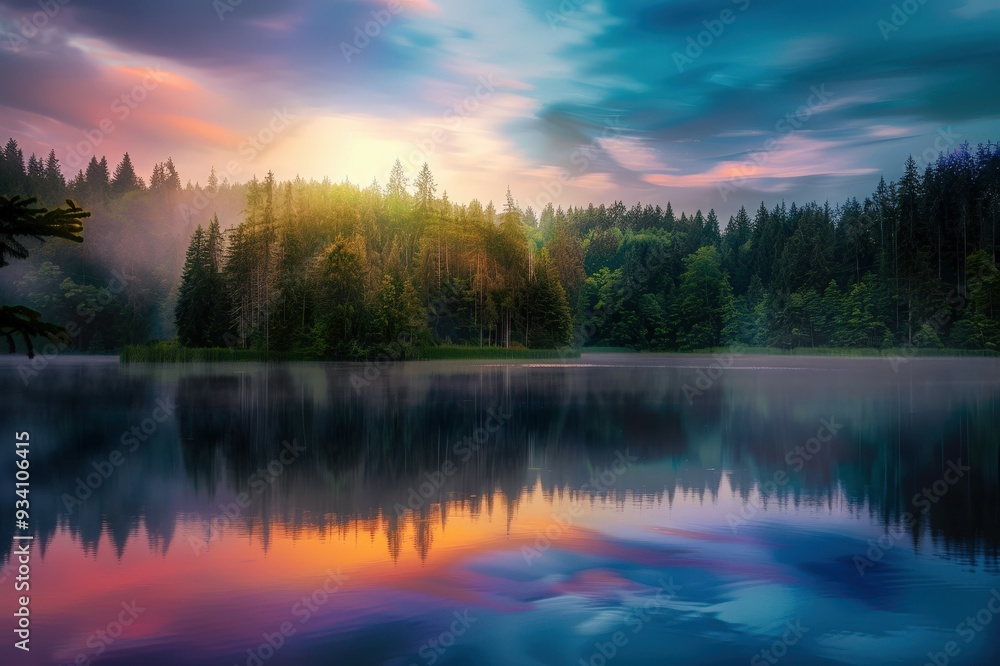 Fototapeta premium sun rays in the forest, Sunbeams pierce through dense foliage, spotlighting the stoic beauty of an age-old tree. Beautiful simple AI generated image
