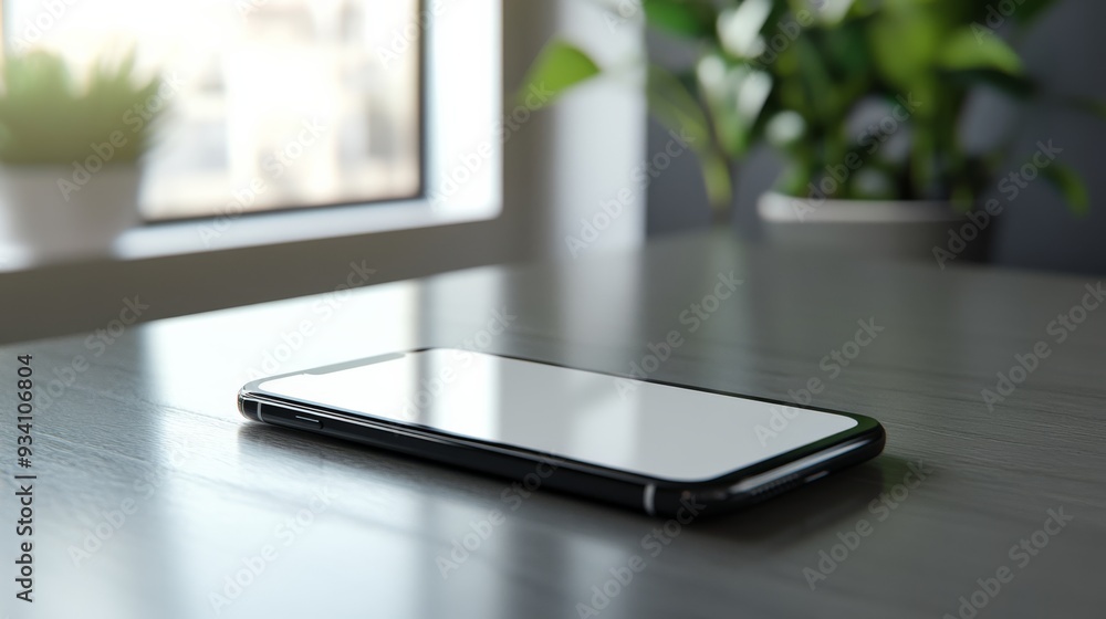 Close-up of a modern smartphone lying on a desk with a blank display and an uncluttered backdrop Close-up of a modern smartphone lying on a desk with a blank display and an uncluttered backdrop