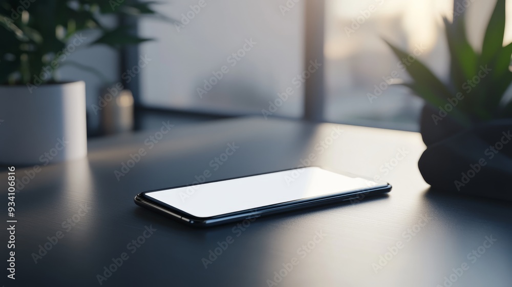 Close-up of a modern smartphone lying on a desk with a blank display and an uncluttered backdrop Close-up of a modern smartphone lying on a desk with a blank display and an uncluttered backdrop