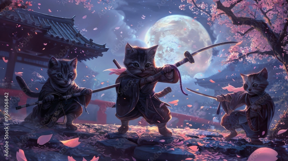 Naklejka premium Three Ninja Cats in a Japanese Garden.
