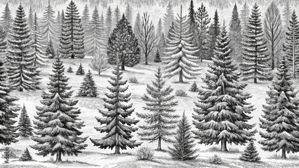 A serene winter forest scene with snow-covered evergreen trees. A serene winter forest scene with snow-covered evergreen trees.