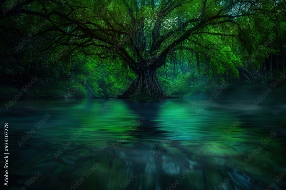 Obraz premium Pine tree and lake in Kiyosumi-Park. Beautiful simple AI generated image