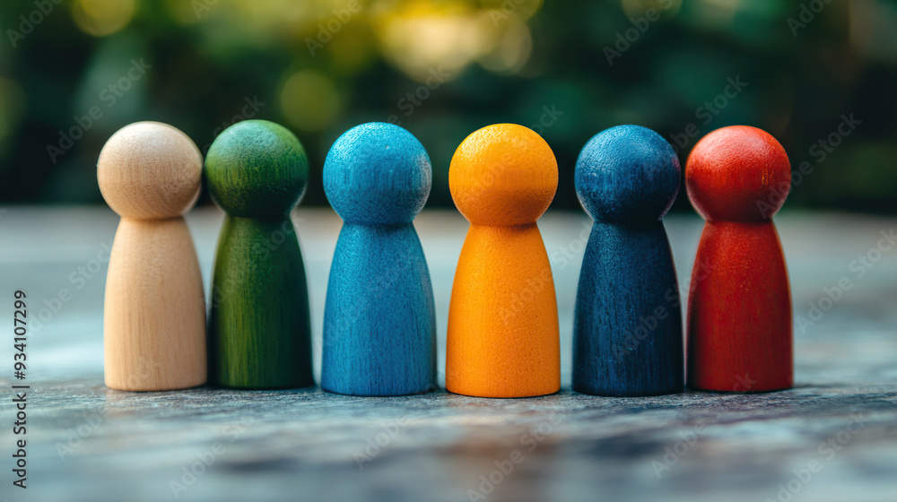 Naklejka premium Colorful wooden figures symbolizing unity in diversity (DEIB)