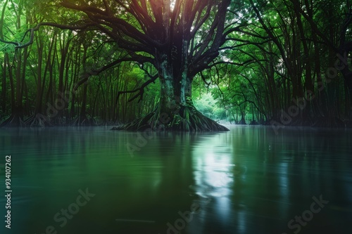 urban river, brick and stone canal, dead barren trees in winter, cloudy overcast sky, apartment buildings  - Nagoya, Japan. Beautiful simple AI generated image
