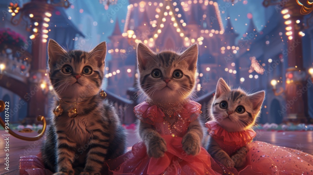 Three Kittens Dressed in Pink Gowns Looking Up at Christmas Lights. Three Kittens Dressed in Pink Gowns Looking Up at Christmas Lights.