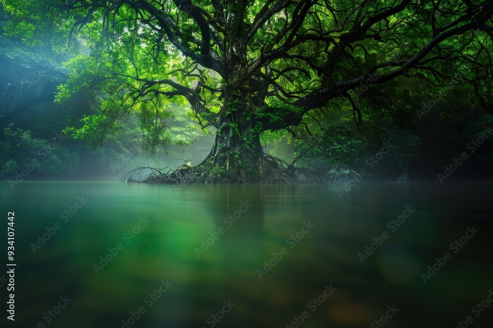 Obraz premium Pine tree and lake in Kiyosumi-Park. Beautiful simple AI generated image