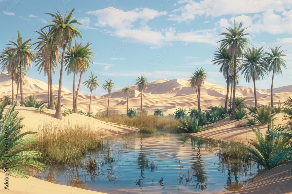 painting of desert with palm trees and pond, An oasis with palm trees in the middle of desert painting of desert with palm trees and pond, An oasis with palm trees in the middle of desert