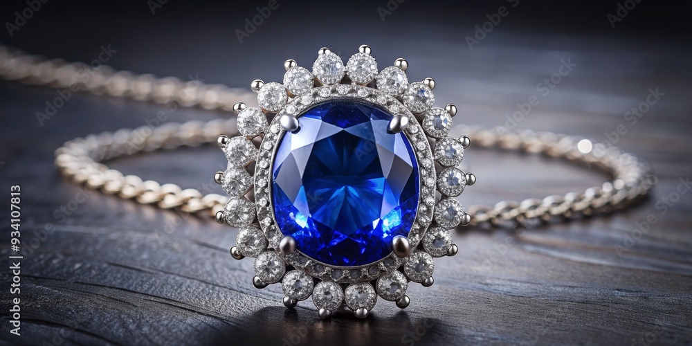 Close-up of a Blue Sapphire Pendant with Diamond Halo, Jewelry, Gemstone, Luxury, Pendant