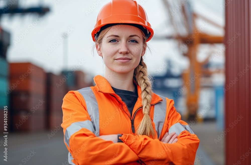 A young woman in an orange work jacket and helmet stands in a busy port A young woman in an orange work jacket and helmet stands in a busy port