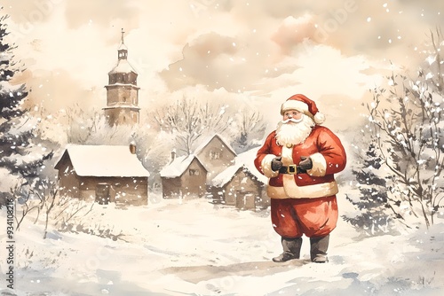 Santa Claus with snowy winter village background. Vintage illustration, retro postcard. Traditional Christmas card. Festive design, print with copy space. Holiday, celebration