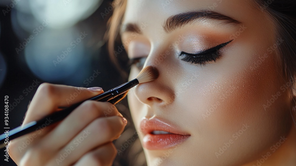 A professional make-up artist applying foundation to a model's face, showcasing skillful techniques and vibrant colors A professional make-up artist applying foundation to a model's face, showcasing skillful techniques and vibrant colors