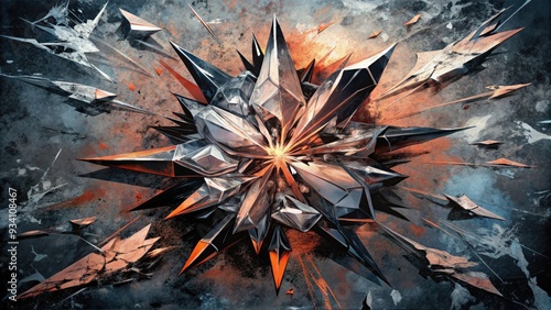 An exploding abstract pattern of sharp metal pieces.