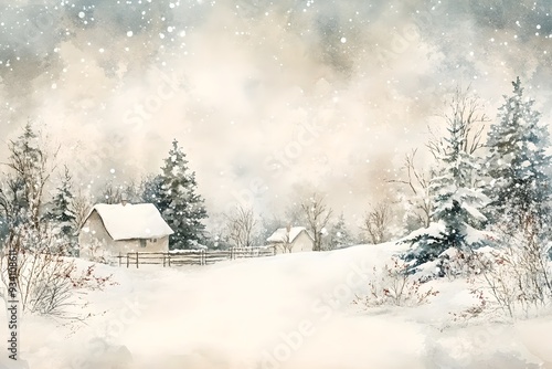 Vintage postcard with snowy winter landscape with cozy house. Rustic cabin, cottage in forest. Retro card illustration design. Christmas, New Year celebration concept. 