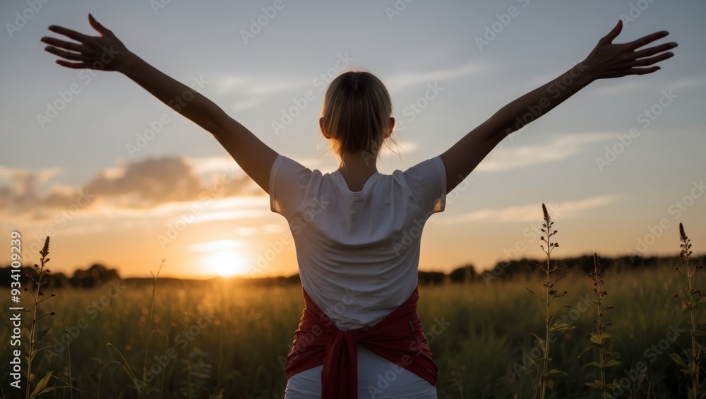 Back view of woman raising arms at sunset Back view of woman raising arms at sunset