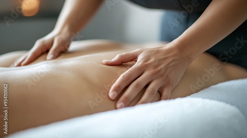 Wallpaper Mural Close-up of a massage therapist's hands skillfully working on the back of a client, emphasizing the delicate touch against a light solid color background Torontodigital.ca