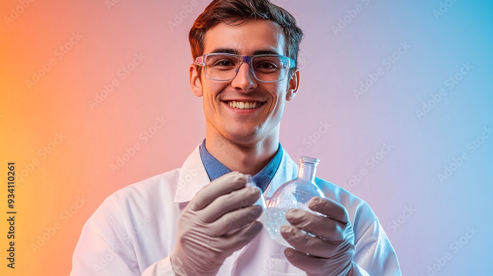 A male materials scientist holding a synthesized material in his hands, smiling at the camera, with a light solid color background A male materials scientist holding a synthesized material in his hands, smiling at the camera, with a light solid color background