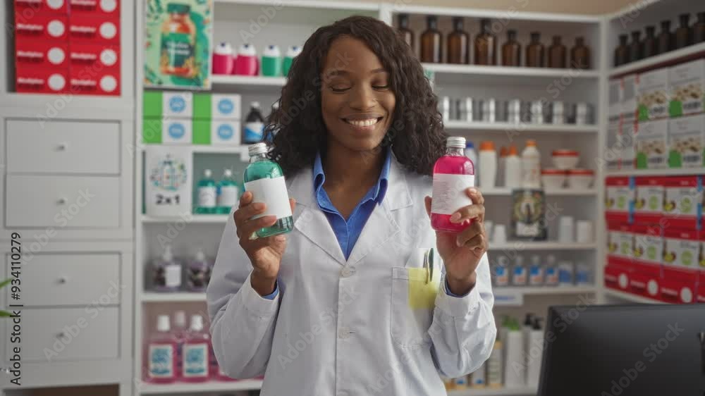 A young african american woman with curly hair wearing a lab coat holds colorful bottles in a well-organized pharmacy. A young african american woman with curly hair wearing a lab coat holds colorful bottles in a well-organized pharmacy.