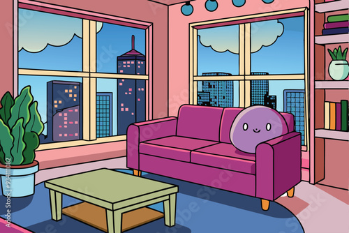 A drawing of a living room with a view of a city vector illustration