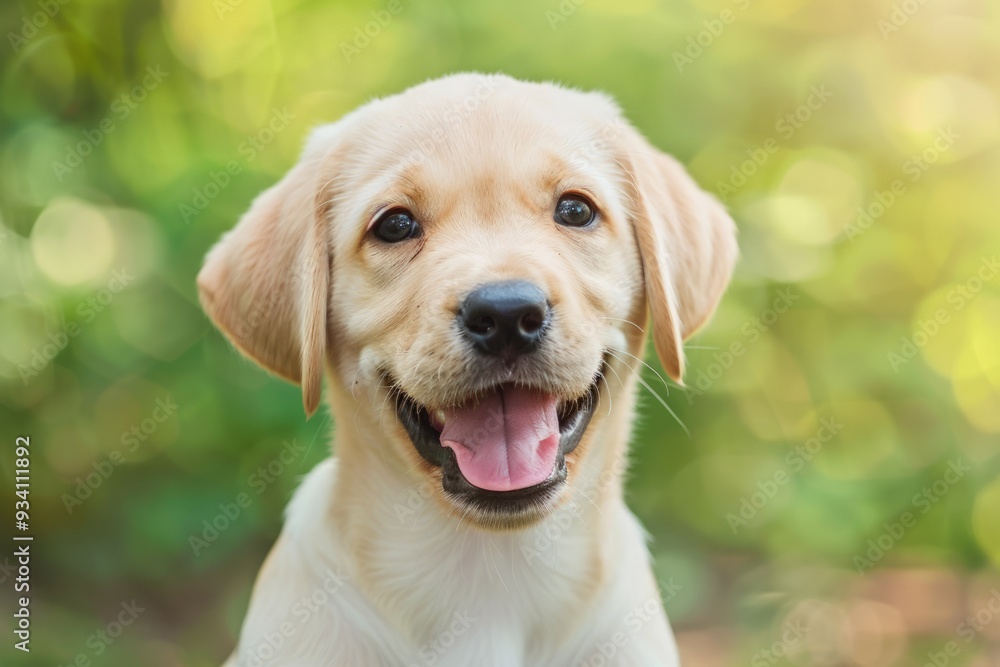 Close-up photo of a happy young golden retriever puppy with a playful expression, tongue out, and a bright, green, blurred outdoor background Close-up photo of a happy young golden retriever puppy with a playful expression, tongue out, and a bright, green, blurred outdoor background