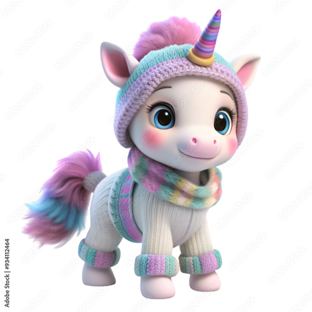 Fototapeta premium Charming 3d cute baby unicorn dressed for a winter