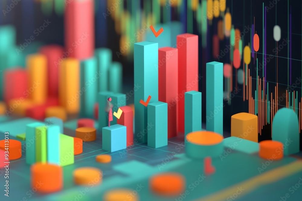 3D Colorful Bar Graph with Checkmarks and Growth Concept - A 3D abstract representation of financial growth, success, and positive progress. The colorful bar graph with checkmarks symbolizes reaching 3D Colorful Bar Graph with Checkmarks and Growth Concept - A 3D abstract representation of financial growth, success, and positive progress. The colorful bar graph with checkmarks symbolizes reaching