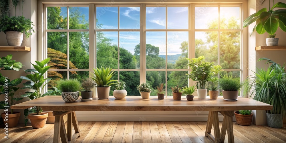 A Window View of Nature with a Row of Plants on a Wooden Table, 3D Illustration, Interior Design, Plants, Window View, Home Decor A Window View of Nature with a Row of Plants on a Wooden Table, 3D Illustration, Interior Design, Plants, Window View, Home Decor