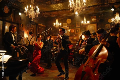 group of people dancing in room, swanky 1920s speakeasy with flapper dancers and jazzy band photo