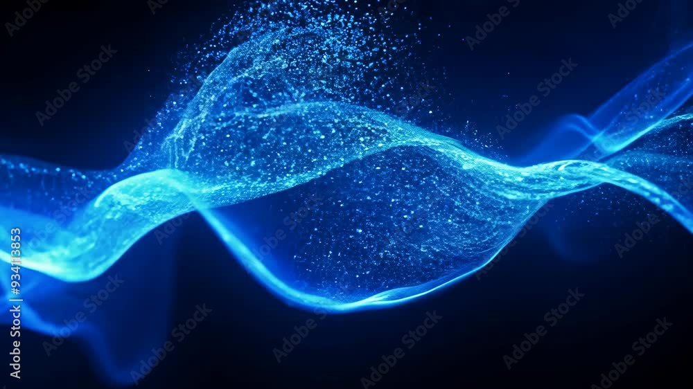 Abstract blue glitter flowing in the empty black space. Festive backdrop with floating shimmer simulation for Christmas, holiday, presentation, party or promo clip.