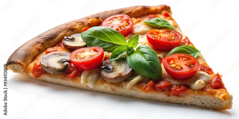 A Slice of Pizza with Fresh Tomatoes and Basil, Close-Up Photography, Pizza Slice, Tomato, Basil, Food Photography A Slice of Pizza with Fresh Tomatoes and Basil, Close-Up Photography, Pizza Slice, Tomato, Basil, Food Photography