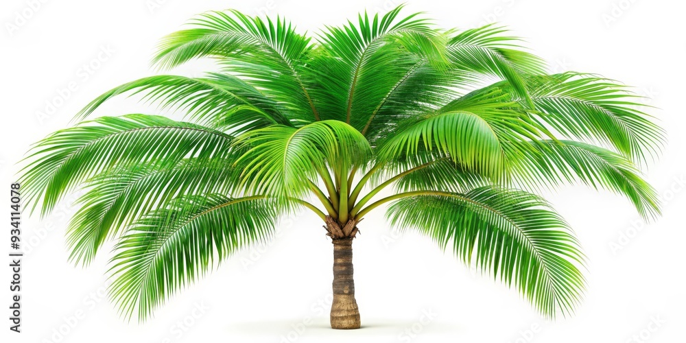 Obraz premium A Single Coconut Palm Tree with Lush Green Fronds on a White Background, Palm Tree, Tropical Plant, Summer Vacation, Isolated
