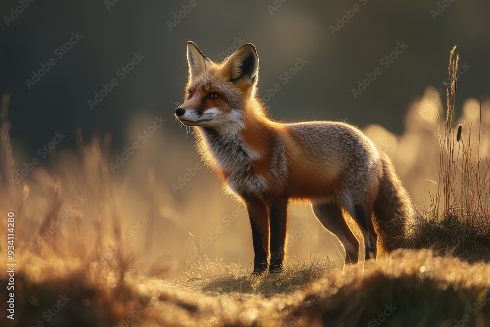 Fototapeta premium A fox stands gracefully in a serene, sunlit natural setting with golden brown hues.