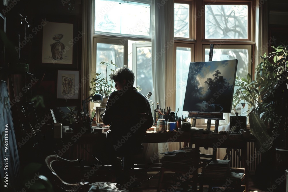 man painting in studio with window, tranquil morning scene of painter in his studio, working on new piece man painting in studio with window, tranquil morning scene of painter in his studio, working on new piece