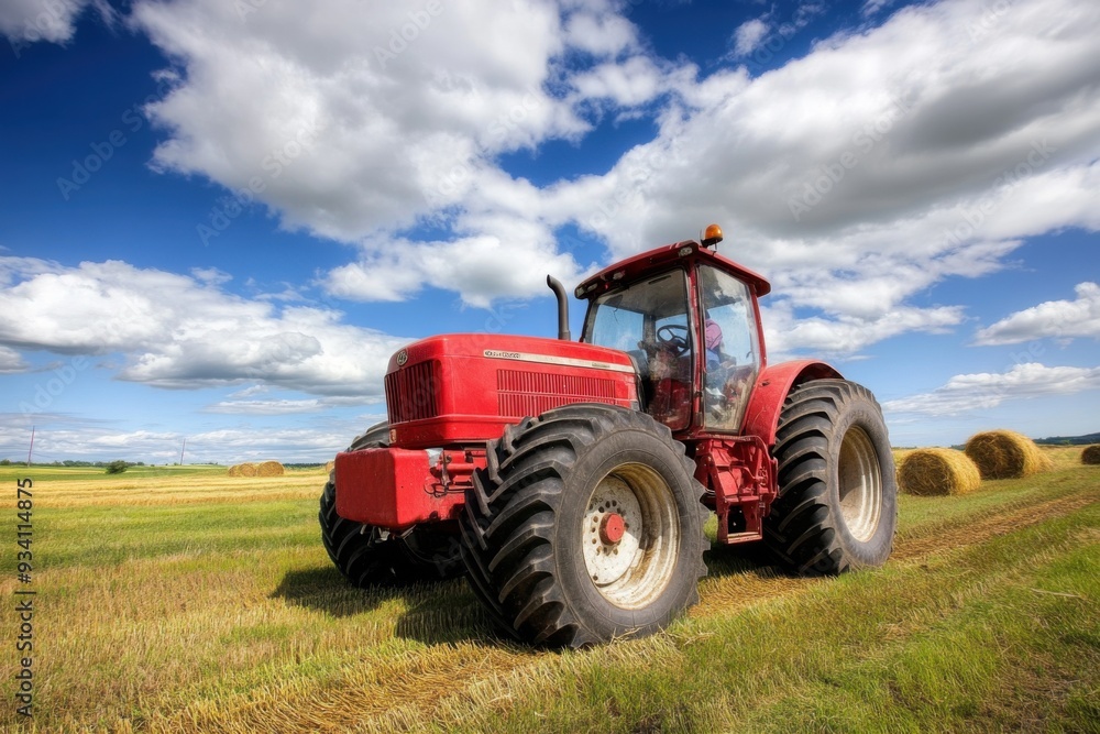 A vibrant red tractor on a harvested field under a blue sky with white clouds. A vibrant red tractor on a harvested field under a blue sky with white clouds.