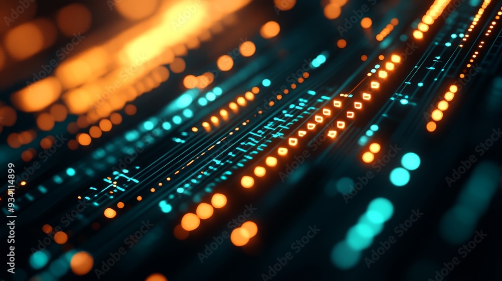 Abstract Technology Background with Orange and Blue Lights - A close-up view of an abstract technology background with glowing orange and blue lights, representing innovation, data flow, and futuristi Abstract Technology Background with Orange and Blue Lights - A close-up view of an abstract technology background with glowing orange and blue lights, representing innovation, data flow, and futuristi