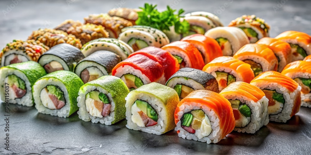 A Culinary Symphony of Colors Close-Up View of an Assortment of Sushi Rolls on a Slate Plate, Japanese Cuisine, Seafood Delights, Asian Food, Sushi A Culinary Symphony of Colors Close-Up View of an Assortment of Sushi Rolls on a Slate Plate, Japanese Cuisine, Seafood Delights, Asian Food, Sushi