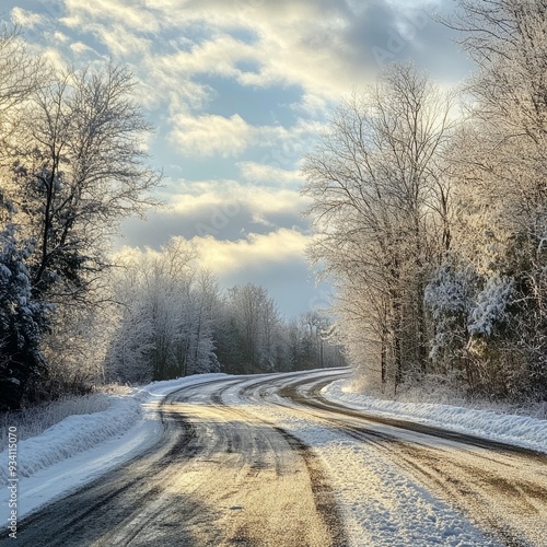 Icy road with a light layer of snow, surrounded by frosted trees and a cloudy, winter sky