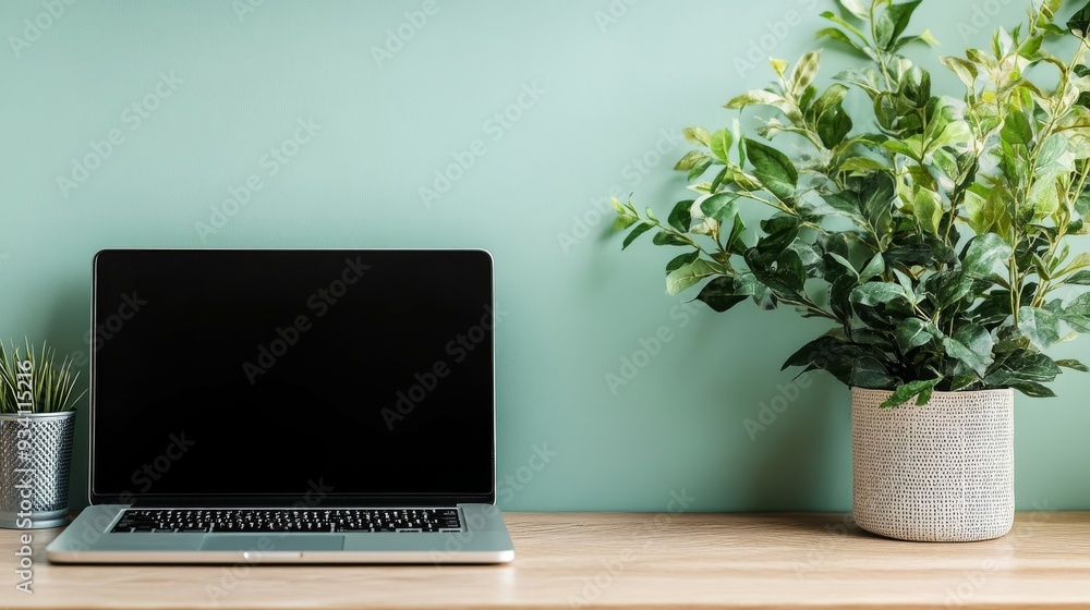 Laptop on wooden desk with plant in the background Laptop on wooden desk with plant in the background